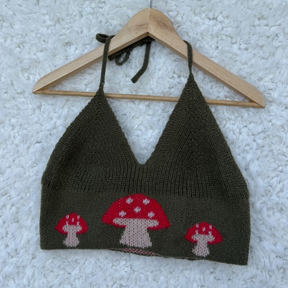 Tops - Red Mushrooms Knit Sweater Halter Top Olive Green Crop Size Large Fairycore y2K‎